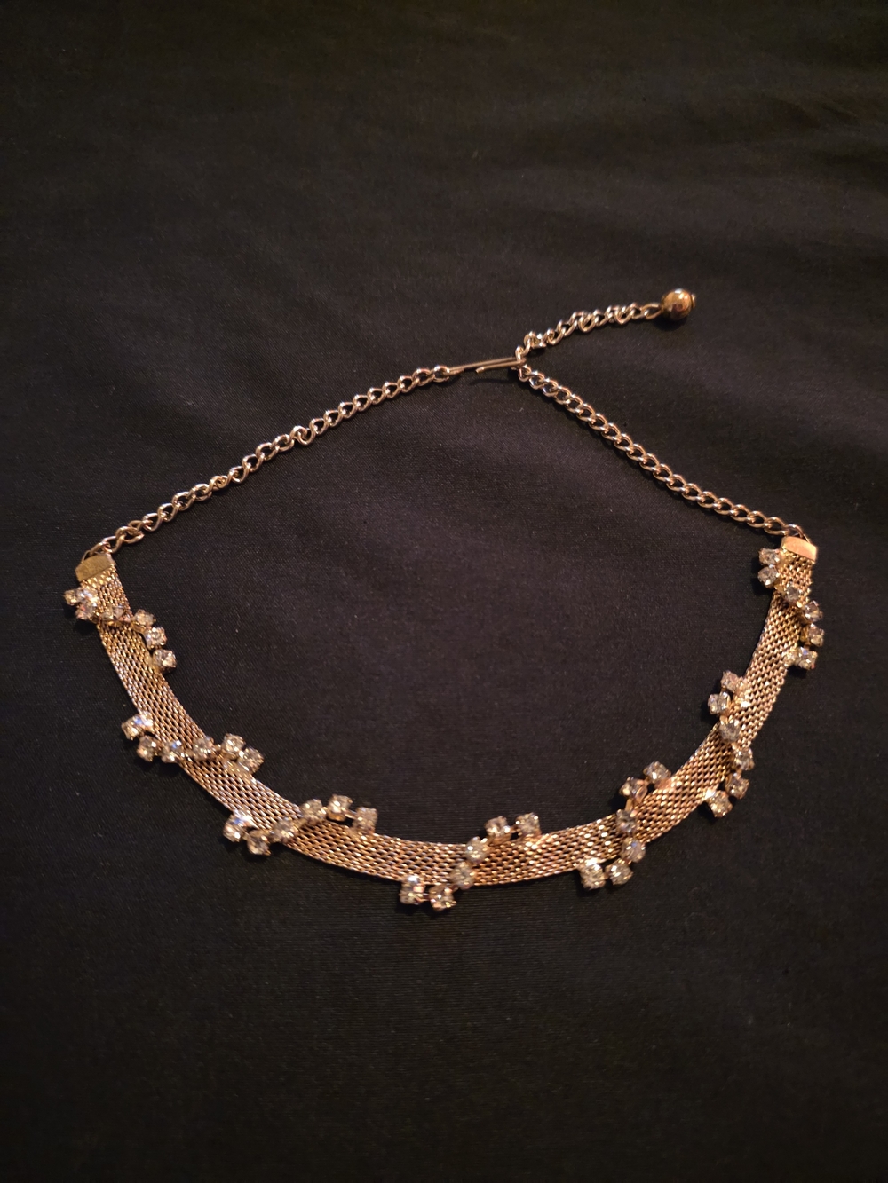 Vintage Gold-Tone Metal Mesh Rhinestone Choker / Convertible Bracelet